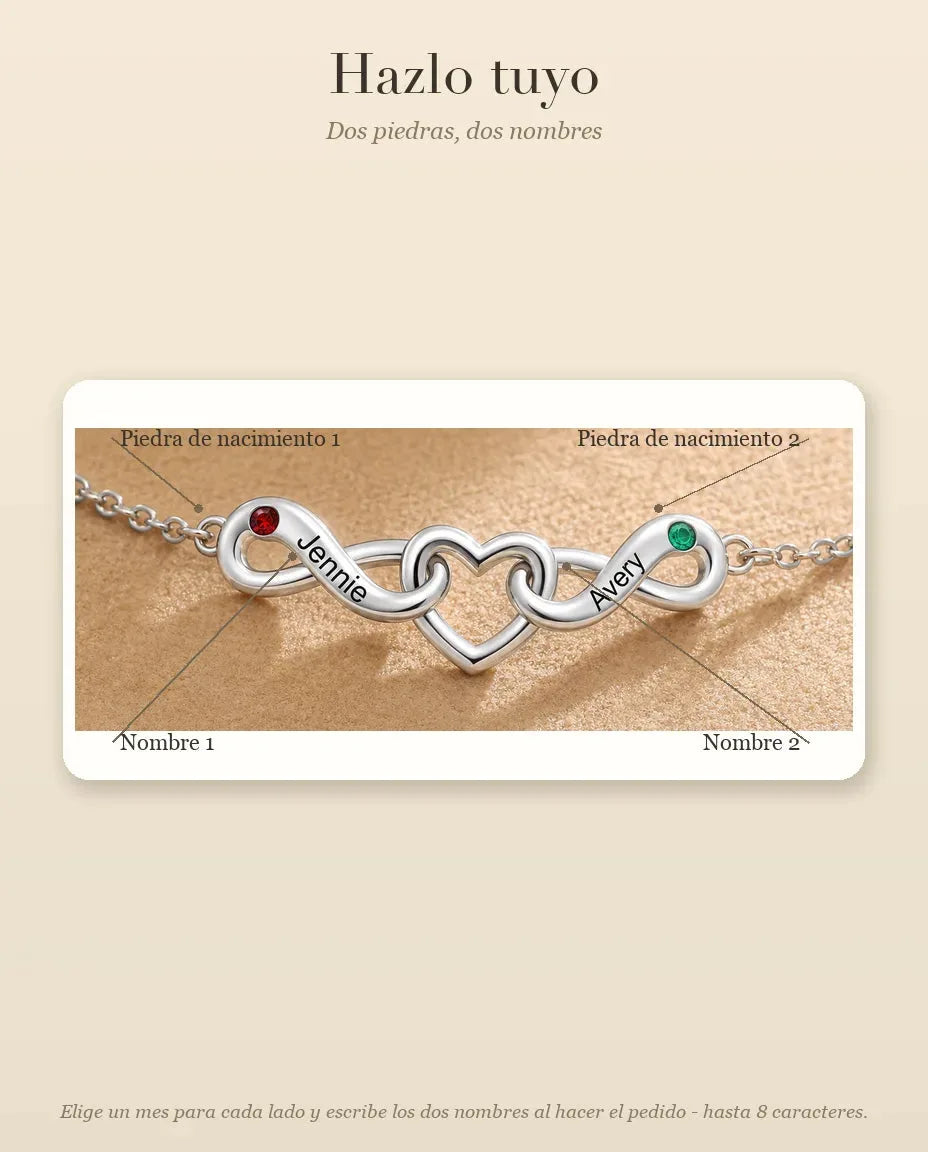 Pulsera Infinito Personalizada 2 Nombres - dos lazos infinitos en torno a un corazón y dos piedras de nacimiento - guía de personalización: nombres y piedras de nacimiento