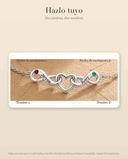 Pulsera Infinito Personalizada 2 Nombres - dos lazos infinitos en torno a un corazón y dos piedras de nacimiento - guía de personalización: nombres y piedras de nacimiento