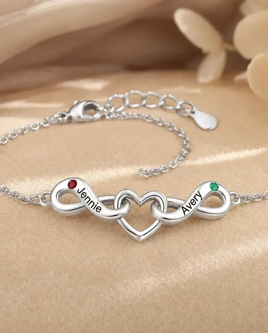 Pulsera Infinito Personalizada 2 Nombres - dos lazos infinitos en torno a un corazón y dos piedras de nacimiento