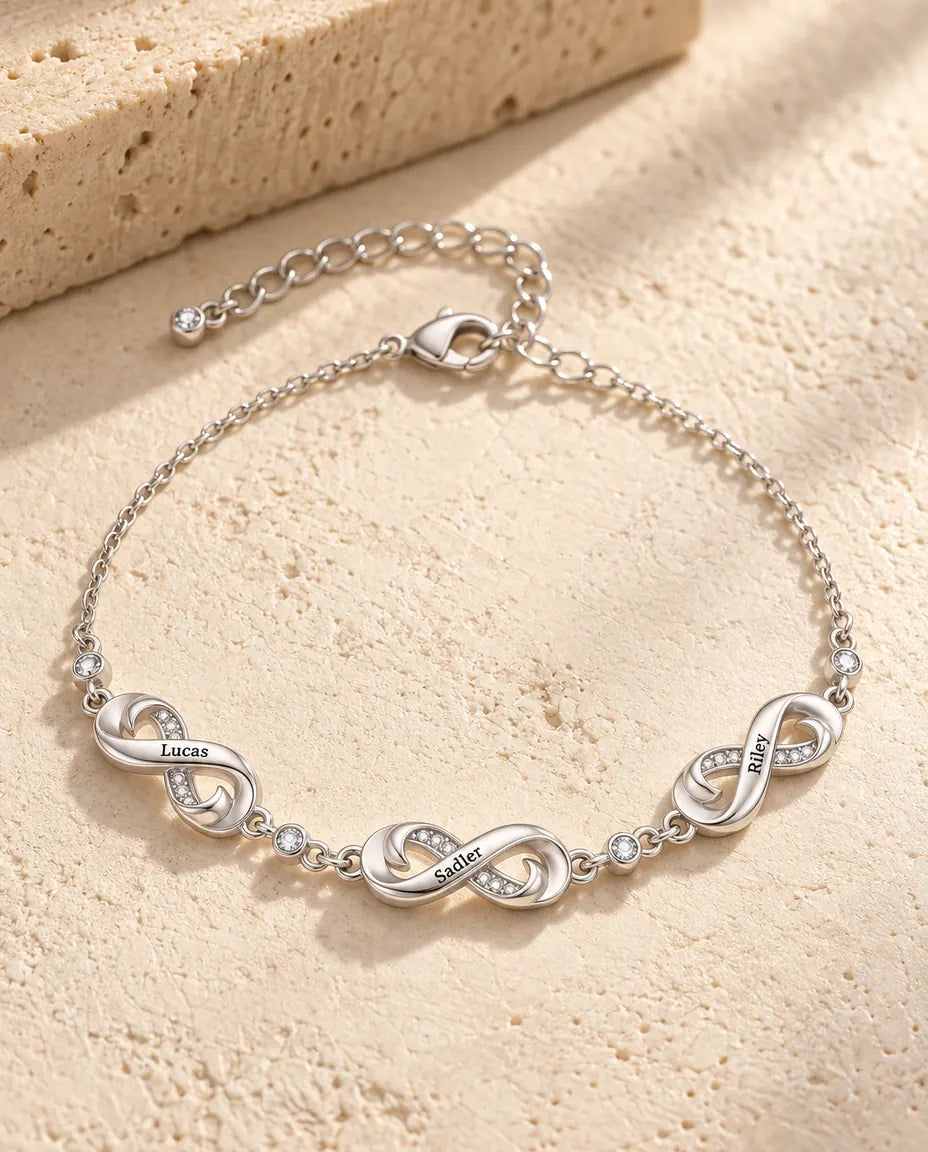Pulsera Infinito Personalizada con 1 a 5 Nombres - Charms Infinito Grabados con Circonitas, Regalo para Familia o Mamá, Plateada