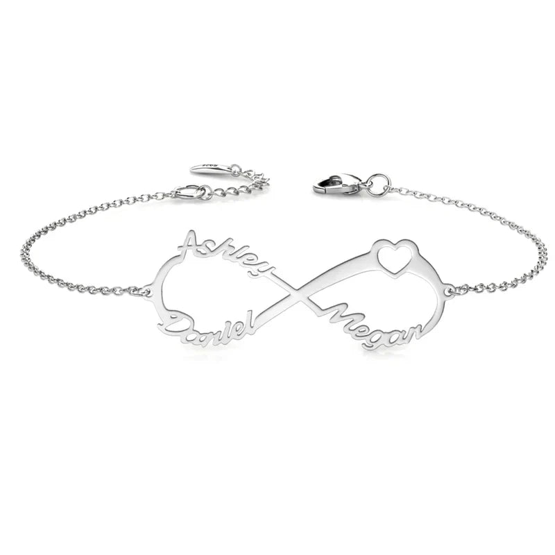 Pulsera con tres nombres en el símbolo del infinito – plata de ley 925 o cobre, regalo para mamá
