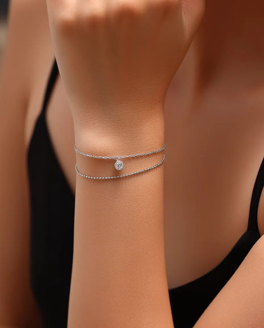 Pulsera de Moissanita con Colgante - piedra de 0,50 ct engastada en bisel sobre cadena doble de plata 925, 16+3 cm
