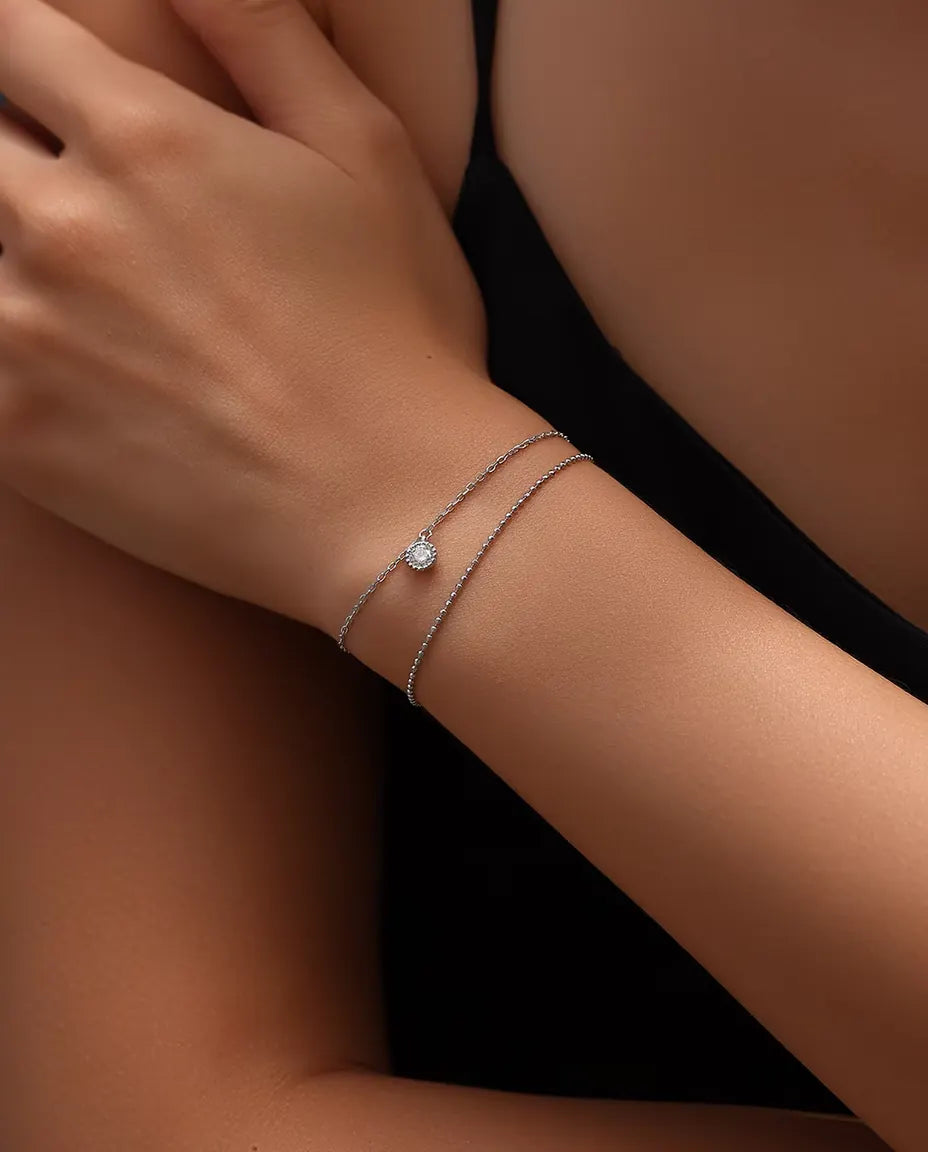 Pulsera de Moissanita con Colgante - piedra de 0,50 ct engastada en bisel sobre cadena doble de plata 925, 16+3 cm