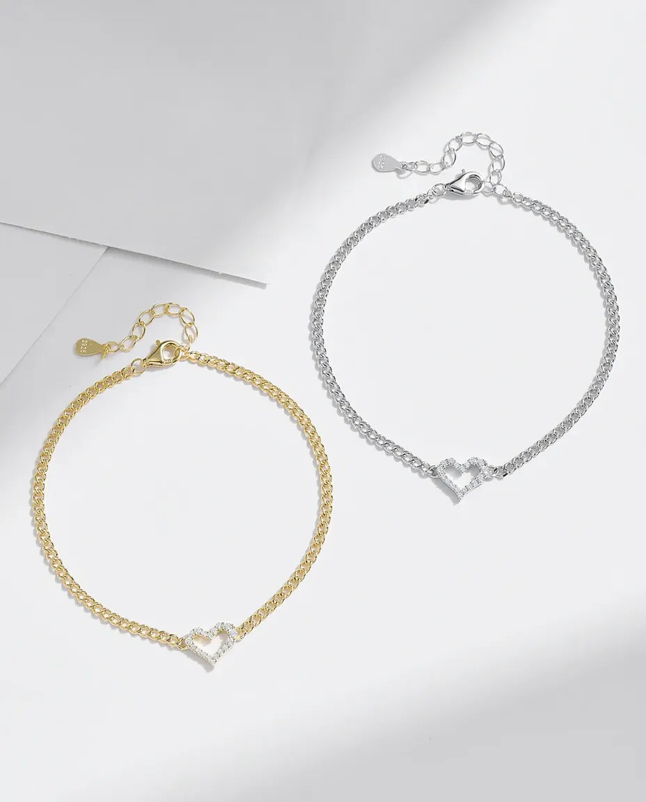 Pulsera de Moissanita con Corazón Abierto y Cadena Barbada – plata de ley 925, en acabado plata o dorado