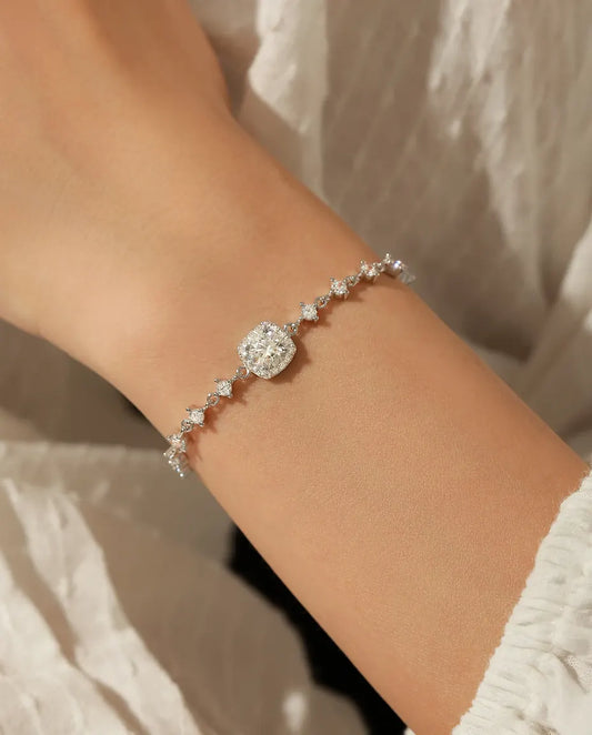 Pulsera de Moissanita con halo – cojín de 0,8 ct color D en plata de ley 925, cadena regulable