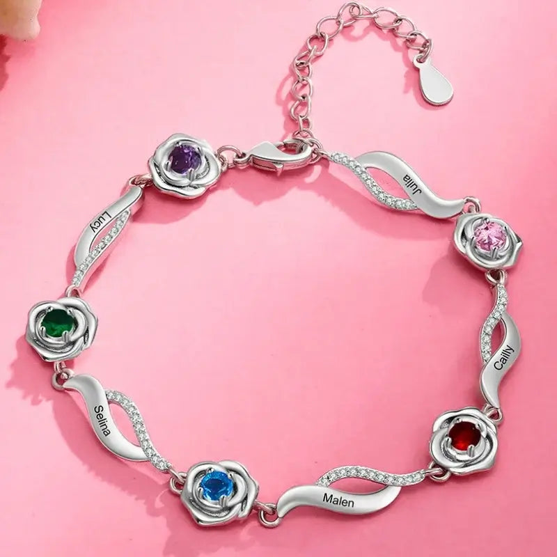 Pulsera personalizada con nombre – charm de flor y piedras de nacimiento, ajustable, regalo para mamá