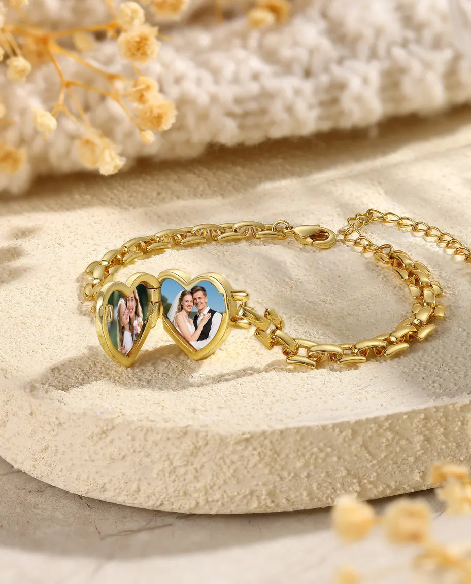 Pulsera con foto – relicario de corazón que se abre, malla dorada estilo correa de reloj, regalo para ella