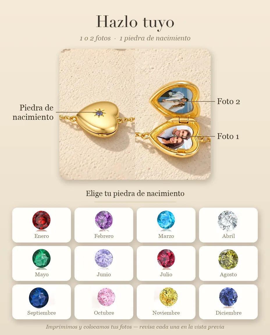 Guía de personalización de la pulsera relicario de corazón: Piedra de nacimiento, Foto 1 y Foto 2