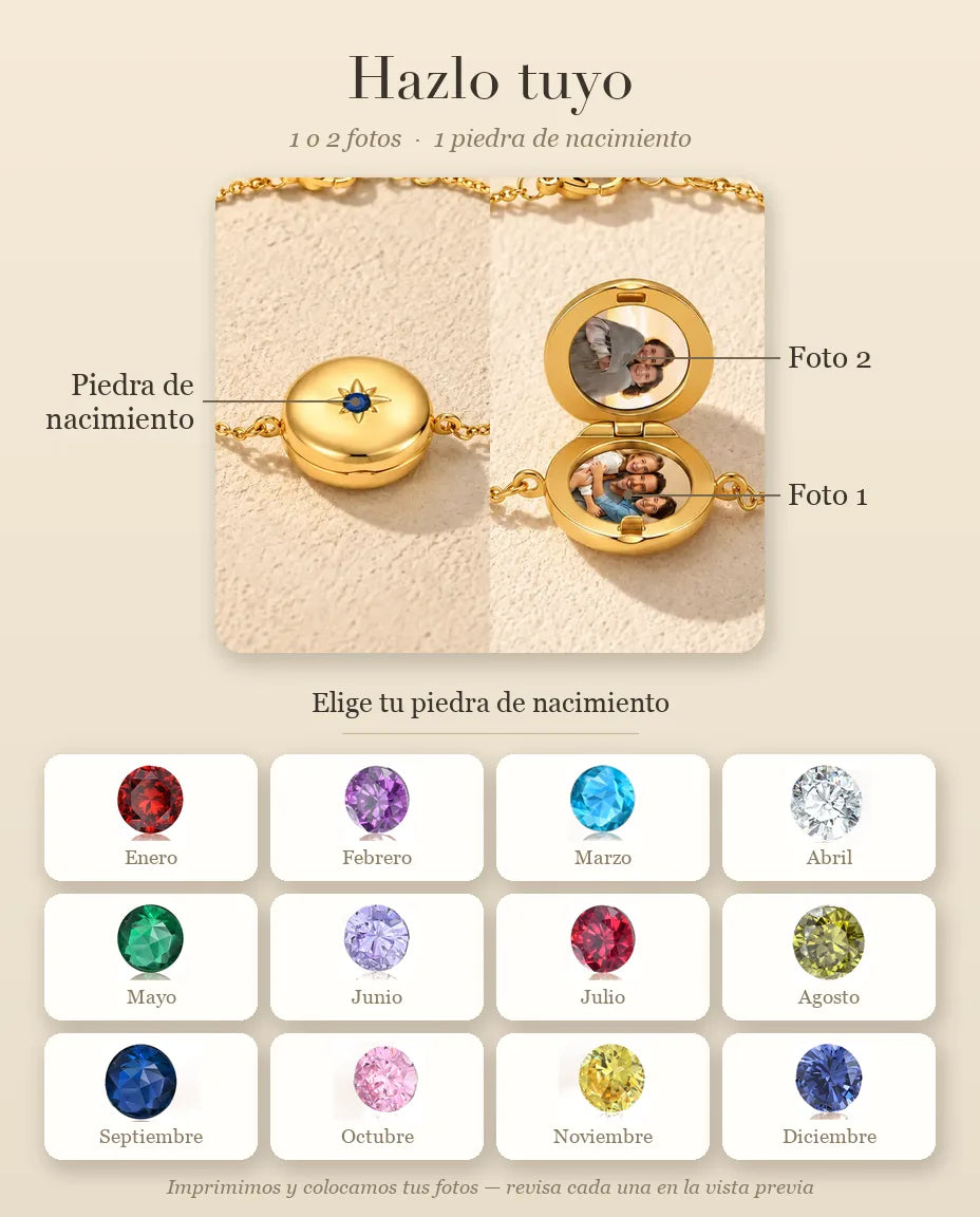 Guía de personalización de la pulsera relicario redondo: Piedra de nacimiento, Foto 1 y Foto 2
