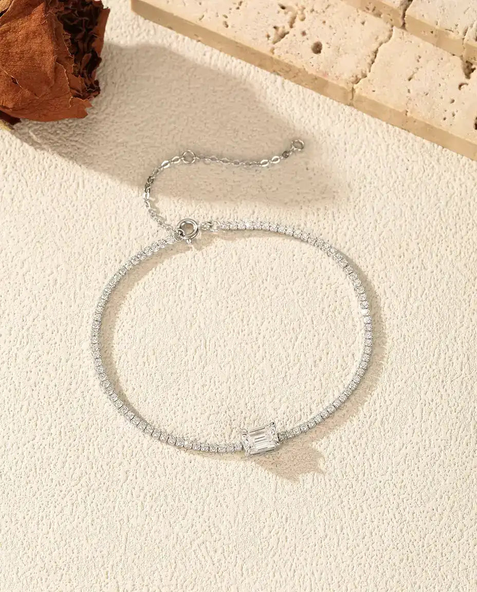Pulsera Tennis de Moissanita talla esmeralda - 1,00 ct color D, 5 x 7 mm, plata de ley 925, 16 + 5 cm