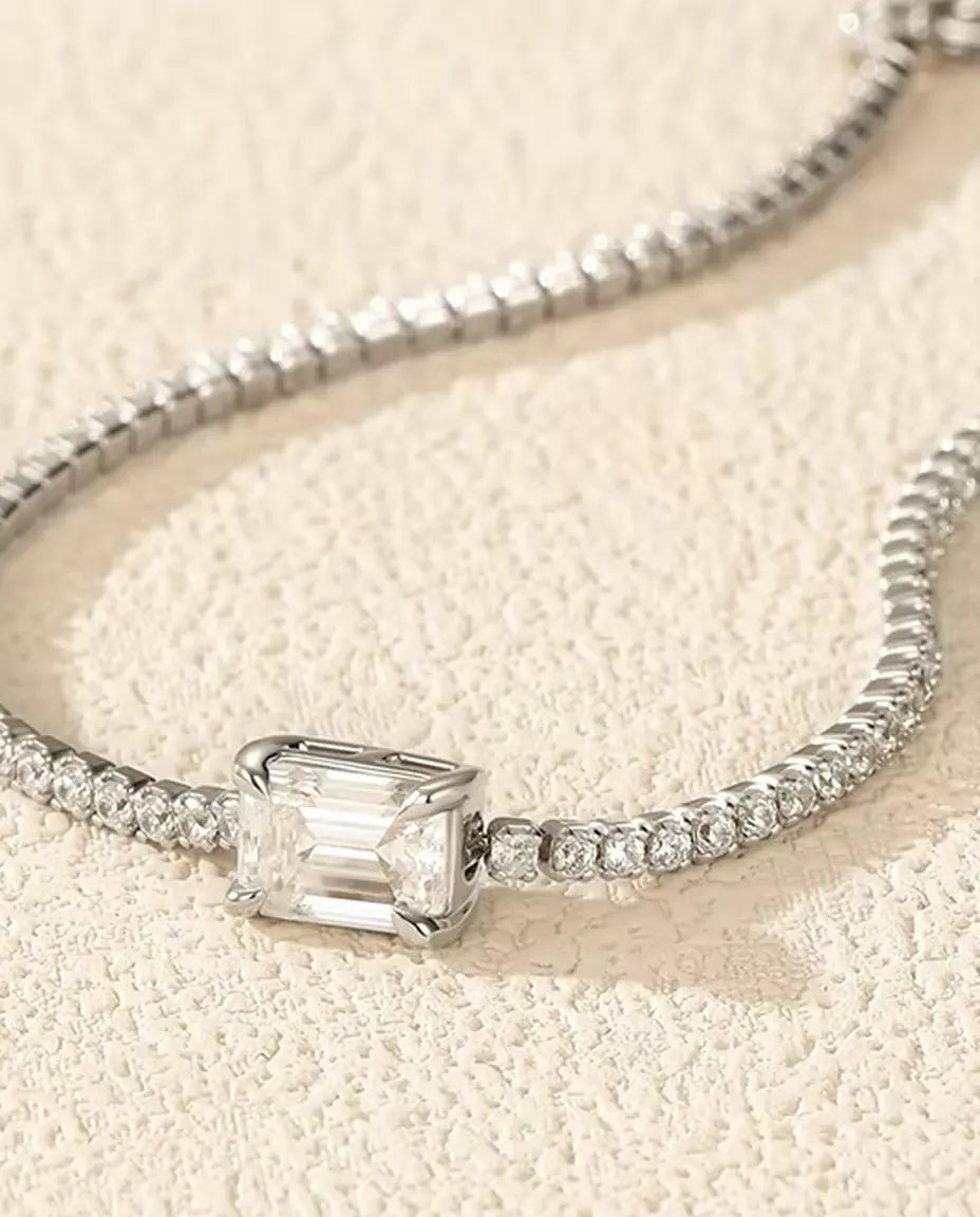 Pulsera Tennis de Moissanita talla esmeralda - 1,00 ct color D, 5 x 7 mm, plata de ley 925, 16 + 5 cm