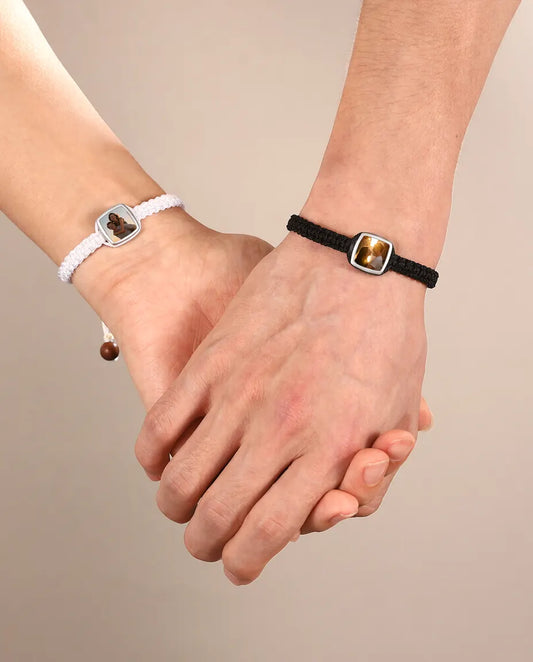 Pulseras de pareja con foto – dúo trenzado en negro y blanco con grabado oculto, regalo para parejas