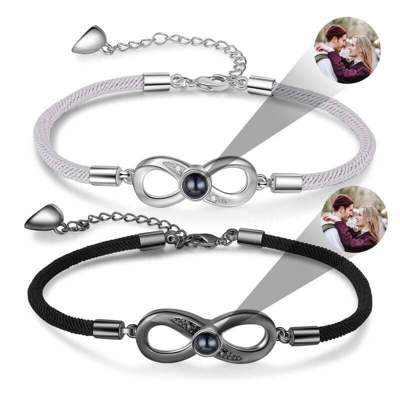 Pulseras de pareja con foto dentro – colgante de infinito, lote de 2, regalo de aniversario y para larga distancia