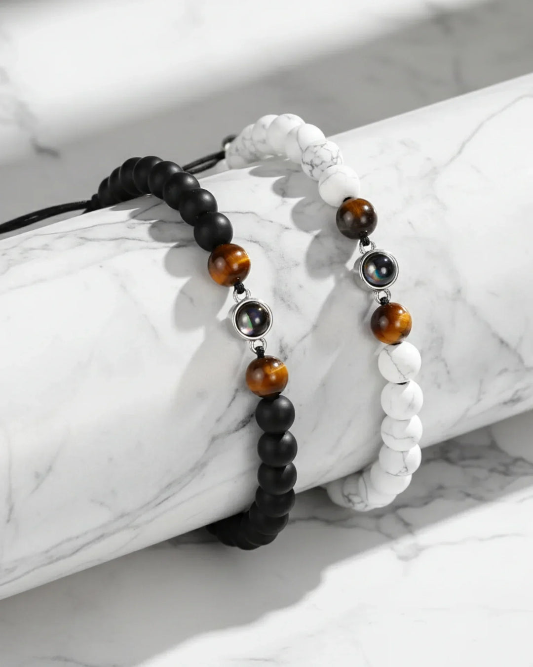 Pulseras de pareja con foto dentro – cuentas de piedra volcánica y magnesita, juego a juego, regalo de aniversario