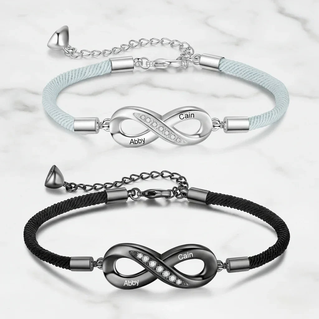 Pulseras de pareja grabadas – símbolo del infinito con vuestros nombres o la fecha, lote de 2, regalo de aniversario