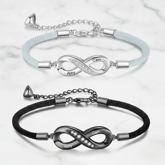 Pulseras de pareja grabadas – símbolo del infinito con vuestros nombres o la fecha, lote de 2, regalo de aniversario