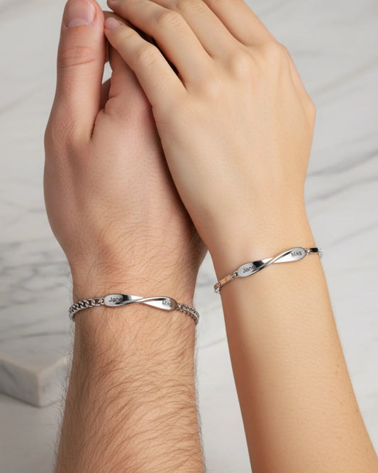 Pulseras de pareja – set de 2 con placa infinito grabada con dos nombres o una fecha, regalo de aniversario