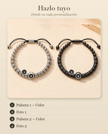 Guía de personalización con «Pulsera 1 – Color», «Foto 1», «Pulsera 2 – Color» y «Foto 2» en las pulseras de cuentas