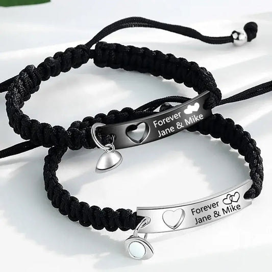 Pulseras de pareja grabadas – dúo negro y plateado en acero inoxidable, lote de 2, regalo de aniversario