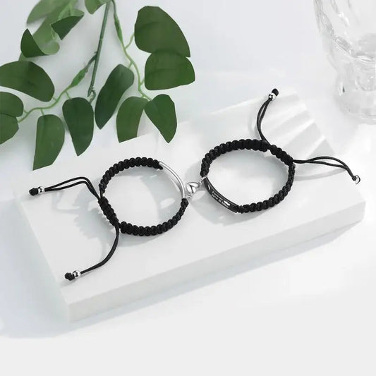Pulseras de pareja grabadas – dúo negro y plateado en acero inoxidable, lote de 2, regalo de aniversario