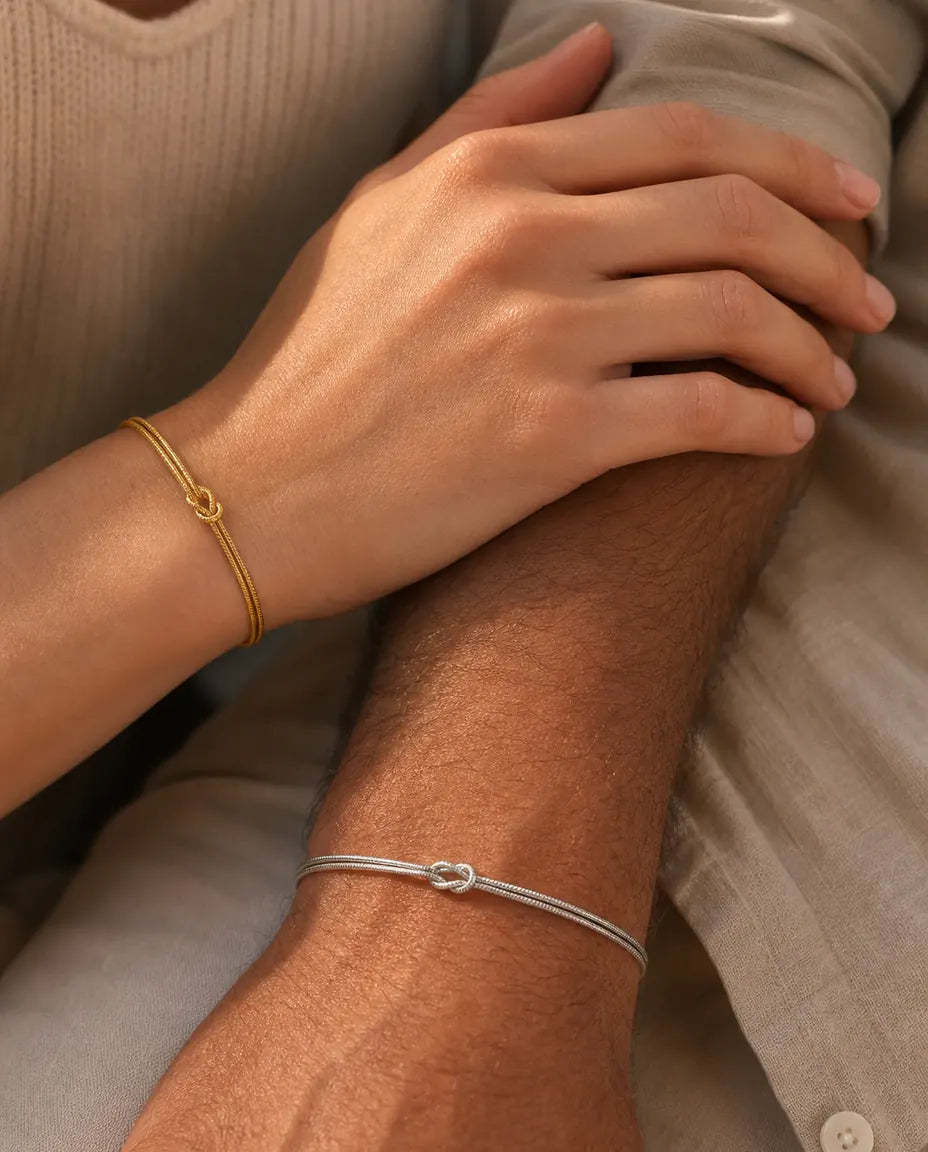 Pulseras de pareja con nudo de amor – set de 2 en acero inoxidable resistente al agua, cadena serpiente, 5 colores
